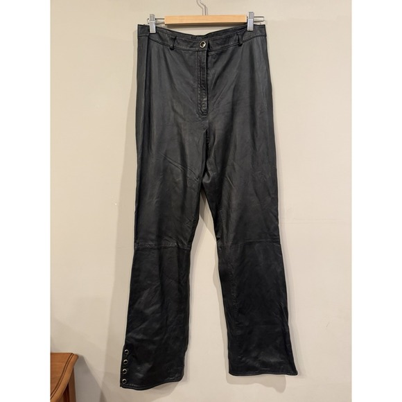 St.John collection by Marie Gray Pants - St.John Collection, Black Leather Pants Gold Accent Buttons Moto Size 12 Silk